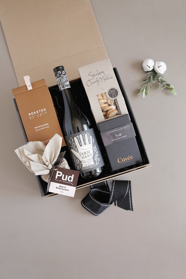 Sydney Luxury Christmas Hamper with red wine and gourmet food items in gift box